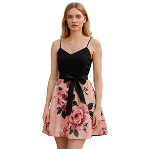 Le Chateau S/M Black Floral Fit & Flare Dress Satin Ribbon Belt Pockets